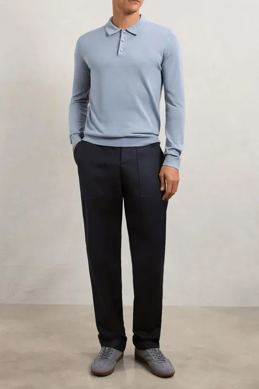 Reiss Ls Half Button Merino Wool Polo Steel Blue Maat: L | Truien Outlet | Heren | Blauw
