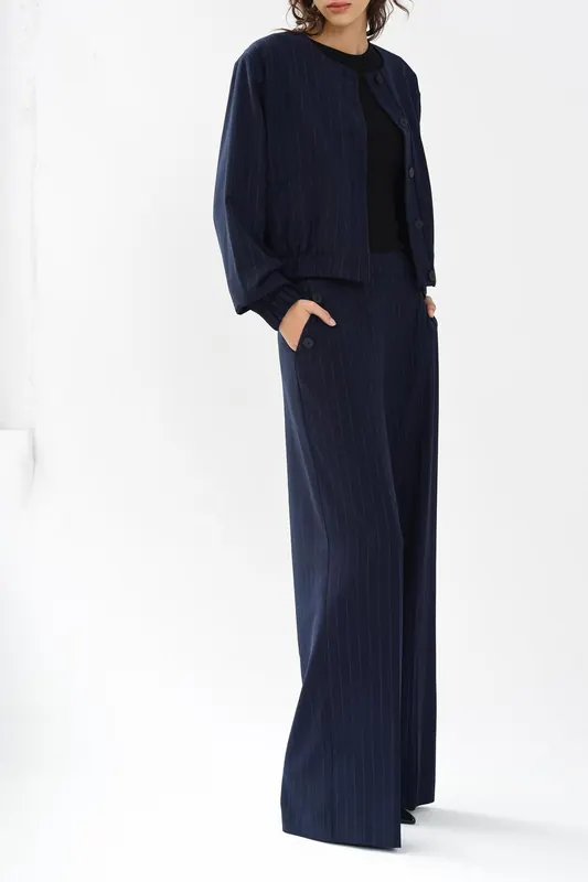 French Connection Alia Pinstripe Bomber Jacket Navy/linen White Maat: M | Bomberjacks Outlet | Dames | Blauw