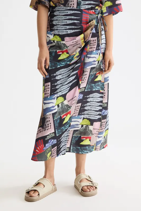 Scotch & Soda High Rise Midi Wrap Skirt Art Dept Collage Multicolor Maat: L | Midi Rokken Outlet | Dames