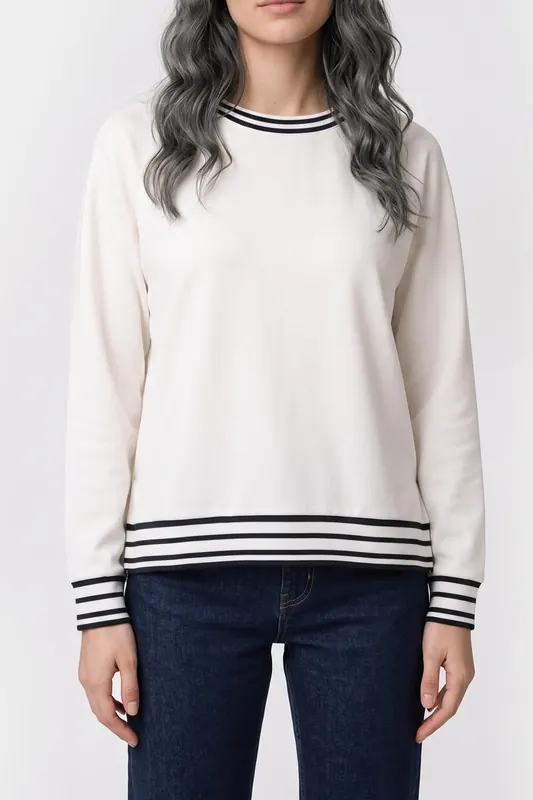 French Connection Wren Tipping Crew Neck Summer Wht/midnight Maat: [xl] Winter  Maat: L | Longsleeves Outlet | Dames | Wit