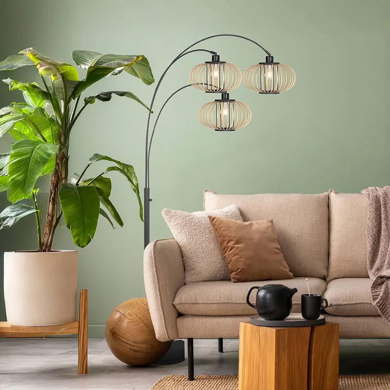 Lampa podłogowa Nox Light 3-punktowa, czarna, z bambusowymi wspornikami, E27