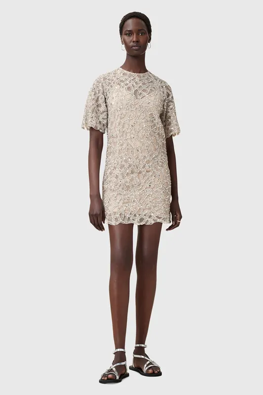AllSaints Eva Emb Dress White/silver Maat: 2 | Mini Jurken Outlet | Dames | Wit
