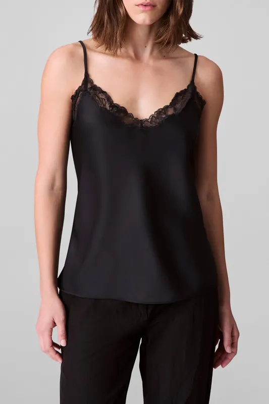 Calvin Klein Matte Satin Cami With Lace Trim Black W/ Black Lace Maat: L | Mouwloze Tops Outlet | Dames | Zwart