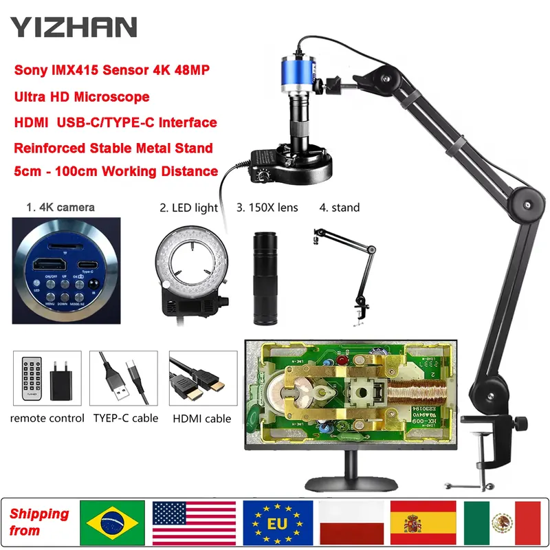Yizhan HD 1080P 4K mikroskop HDMI USB VGA przemysłowy mikroskop cyfrowy 215x180x150x 130X mikroskop zoomowy stojak do lutowania, Spedizione dalla Polonia., Consegna rapida