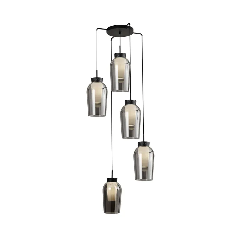 Lampa wisząca Nora, czarny, chrom, 5-punktowa, okrągła, szkło
