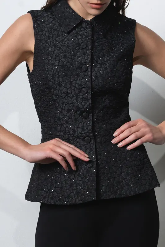 French Connection Yelena Jacquard Waistcoat Top Black Maat: 18 | Overhemden Outlet | Dames | Zwart