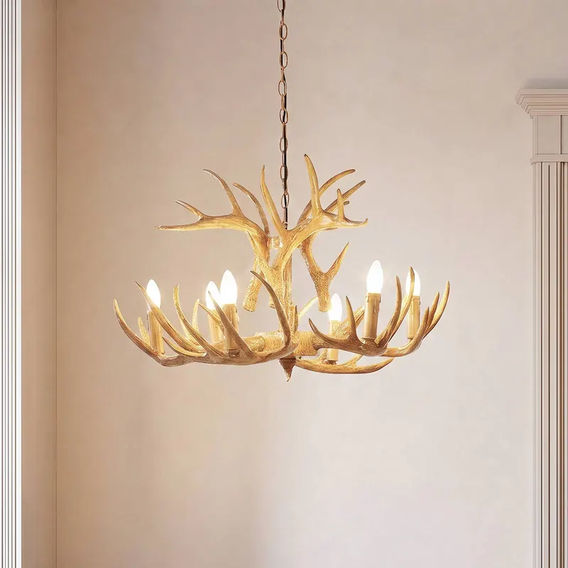 Lampa wisząca Lindby Fibi, brązowa, poroże, 6-punktowa E14