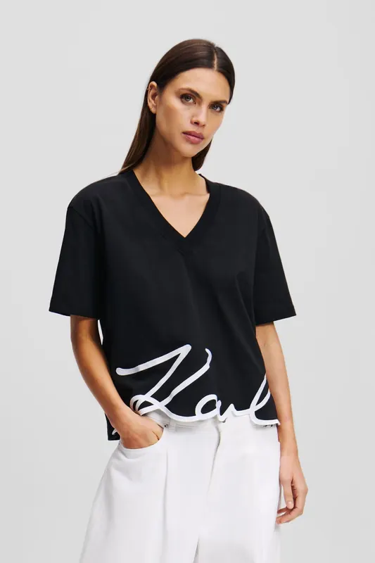 Karl Lagerfeld Karl Signature Hem V-neck Tshirt Black Maat: XS | Tops Outlet | Dames | Zwart