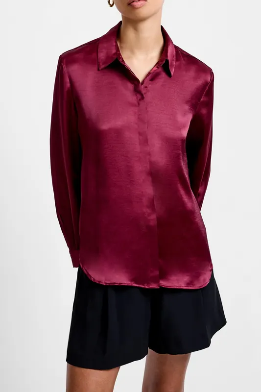 French Connection Irina Satin Ls Shirt Bordeaux Red Maat: 8 | Longsleeves Outlet | Dames | Bordeaux