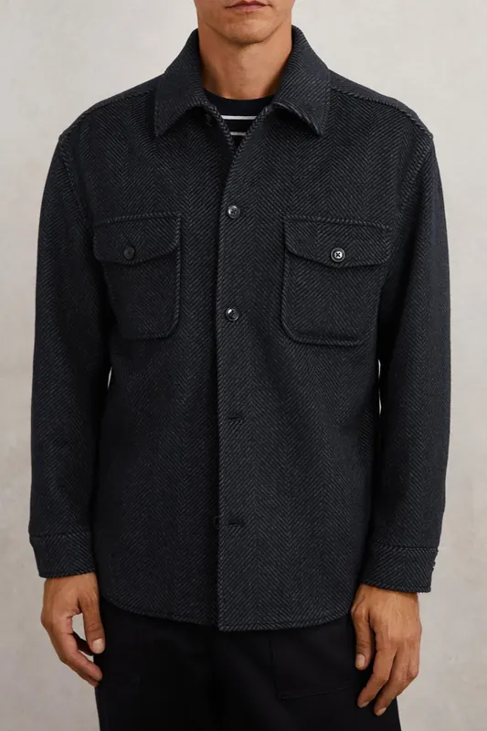 Reiss Ls Herringbone Twin Pocket Overshirt Navy Maat: M | Casual Overhemden Outlet | Heren | Blauw