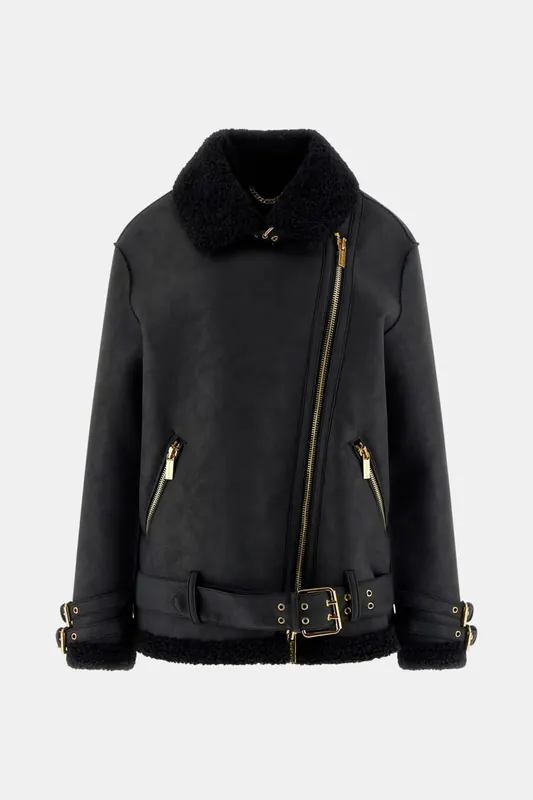 GUESS Cheryl Shearling Jac Jet Black A996 Maat: 46 | Leren Jassen Outlet | Dames | Zwart