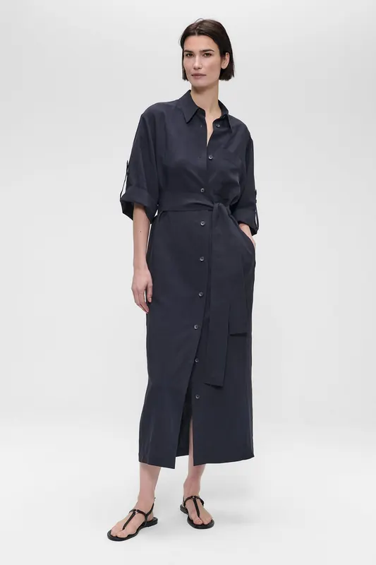 ZENGGI Fine Linen Visc Shirt Dress Slate Maat: S | Blousejurken Outlet | Dames | Blauw