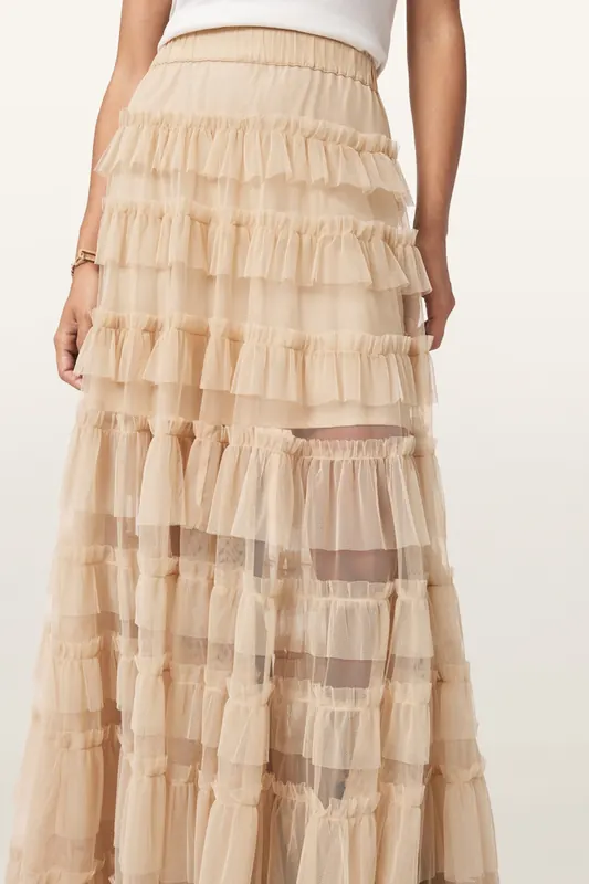AllSaints Aude Ruffle Skirt Blush Pink Maat: 10 | Maxi Rokken Outlet | Dames | Beige