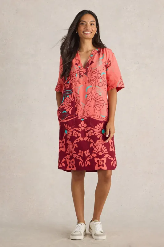 White Stuff June Linen Dress Red Multi Maat: 12 PETITE | Blousejurken Outlet | Dames | Blauw