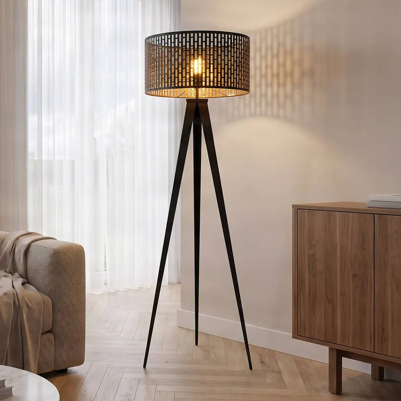 Lampa stojąca Lindby Thoralf, trójnóg, czarny, tekstylny, Ø50cm
