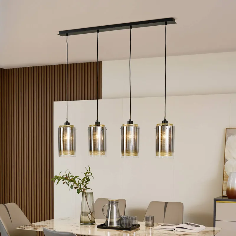 Lampa wisząca Lucande Sterzy, 105 cm długości, szara, szkło, 4-punktowa.
