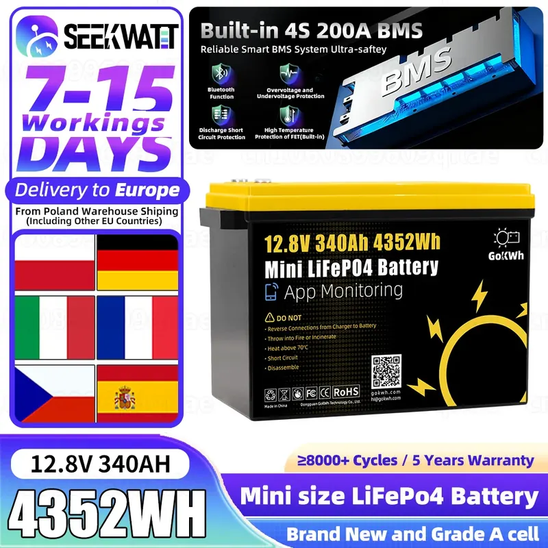 8000+ cykli 340Ah 12.8V Akumulator LiFePO4 klasy A do głębokiego rozładowywania, dostępność w UE, inteligentny BMS, DIY 24V 48V do solarnych systemów, kamperów, pojazdów elektrycznych, kempingu