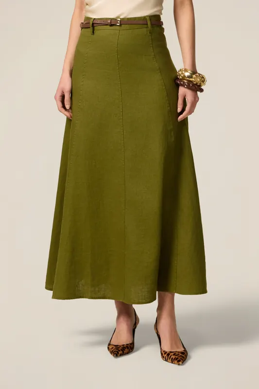 Oltre Flared Linen Skirt Green Maat: 46 | Midi Rokken Outlet | Dames | Groen