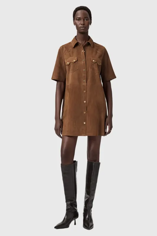 AllSaints Rock Suede Dress Sugar Brown Maat: 4 | Blousejurken Outlet | Dames | Bruin