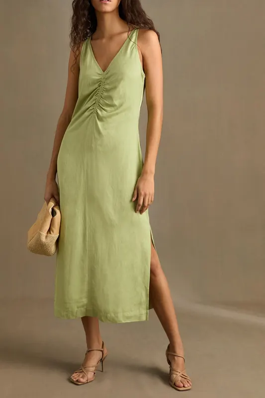 Reiss Ruched Linen Dress Green Maat: 18 | Midi Jurken Outlet | Dames | Groen