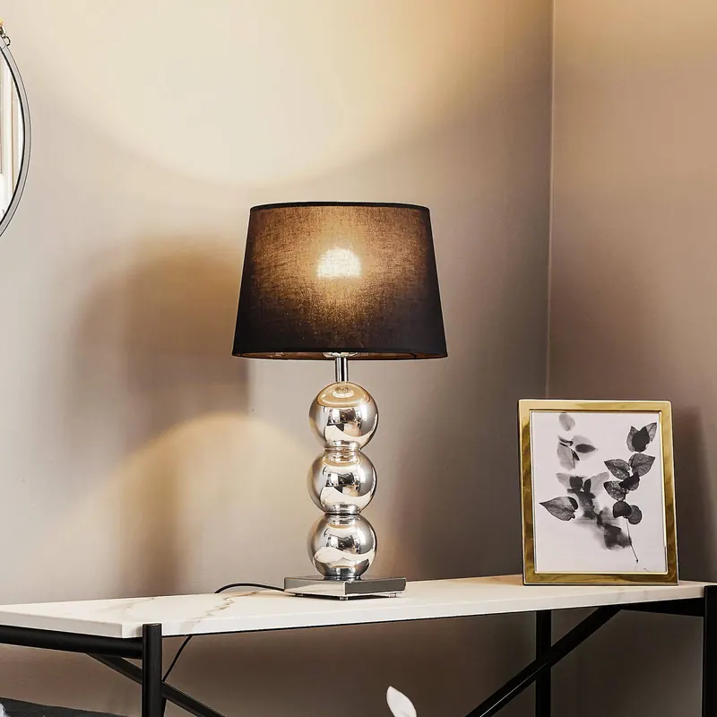 Lampa stołowa tekstylna Fulda, klosz czarny, podstawa chromowana