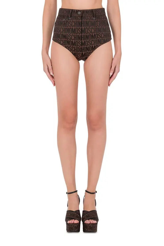 Moschino Hot Pants In Nylon Allover Logo Brown Maat: 40 | Korte Broeken Outlet | Dames | Bruin