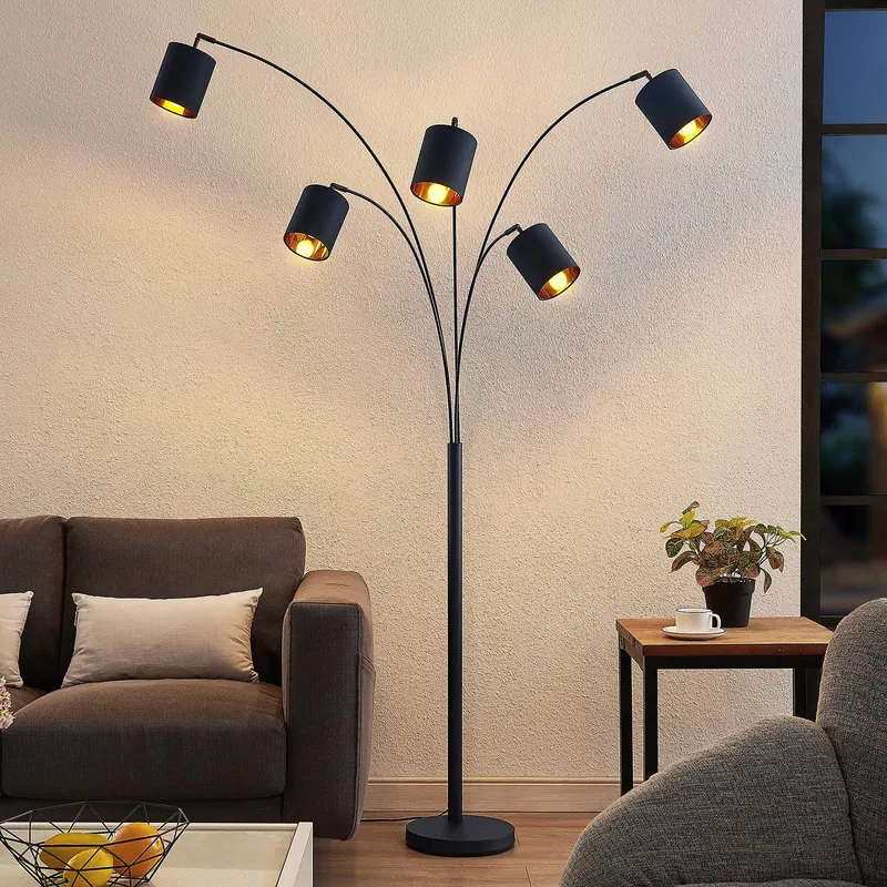 Lampa stojąca Lindby Abiram, czarny/złoty, tekstylny, 70cm
