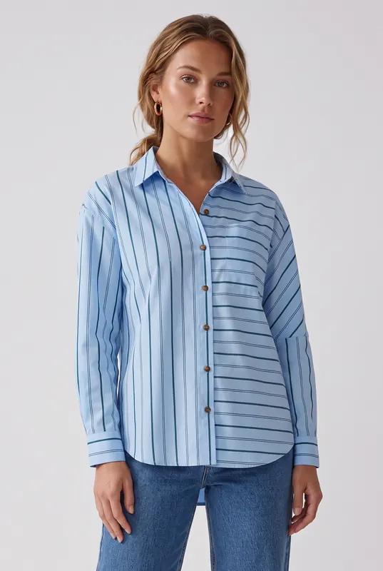 Scotch & Soda Oversized Shirt Cerulean Multi Pinstripe Maat: XS | Longsleeves Outlet | Dames | Blauw