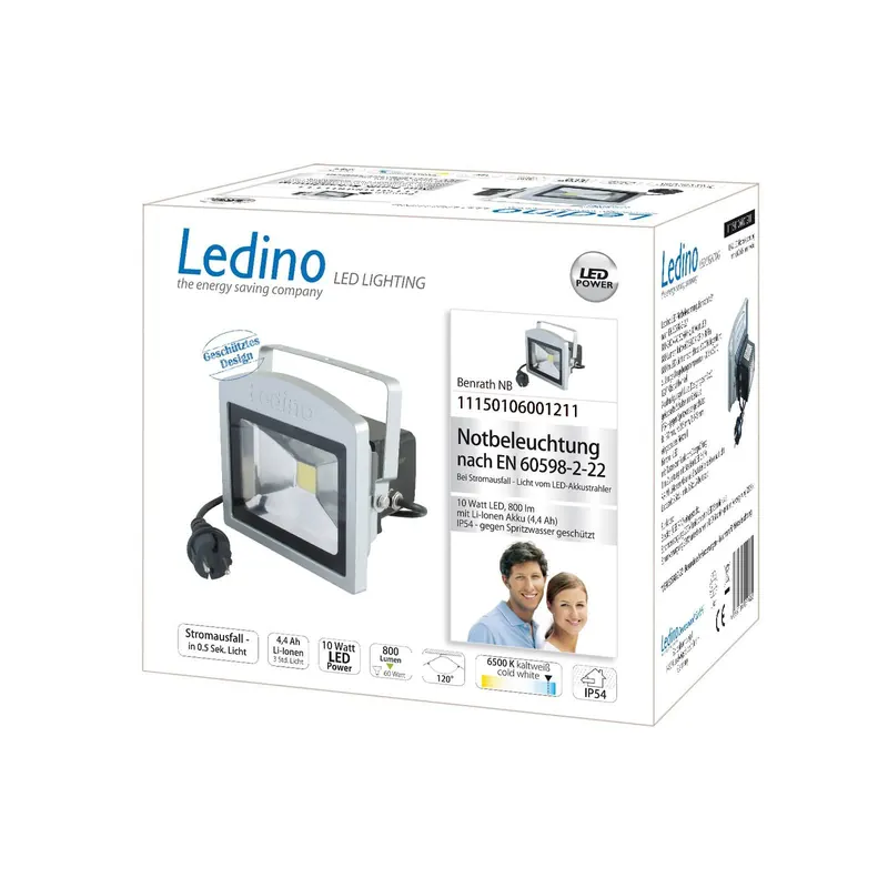 Reflektor LED Benrath NB, oświetlenie awaryjne z akumulatorem