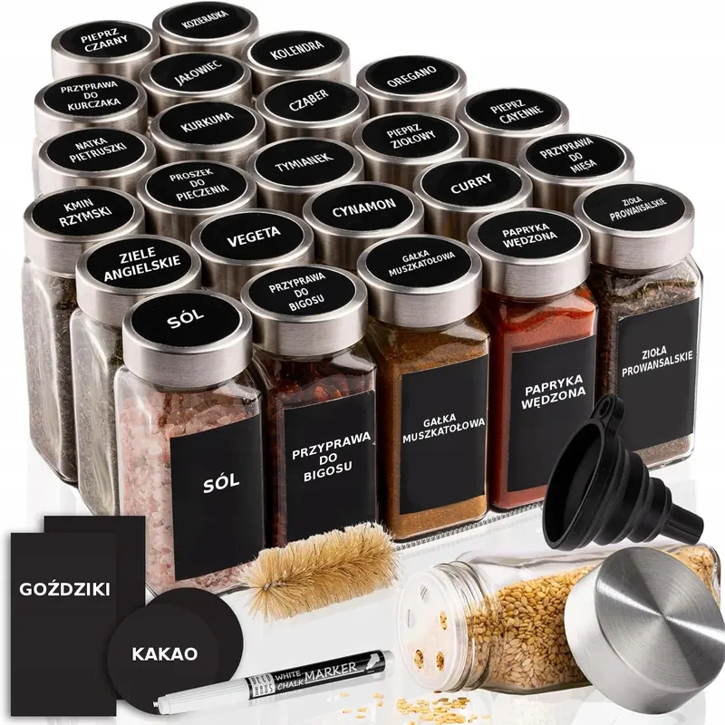 24x Słoik 120ml Na Przyprawy Szklany Zestaw Lejek Pisak Etykiety