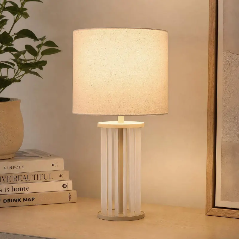 Lampa stołowa Swizzle, beżowa, szkło, tkanina, wysokość 42 cm, E27