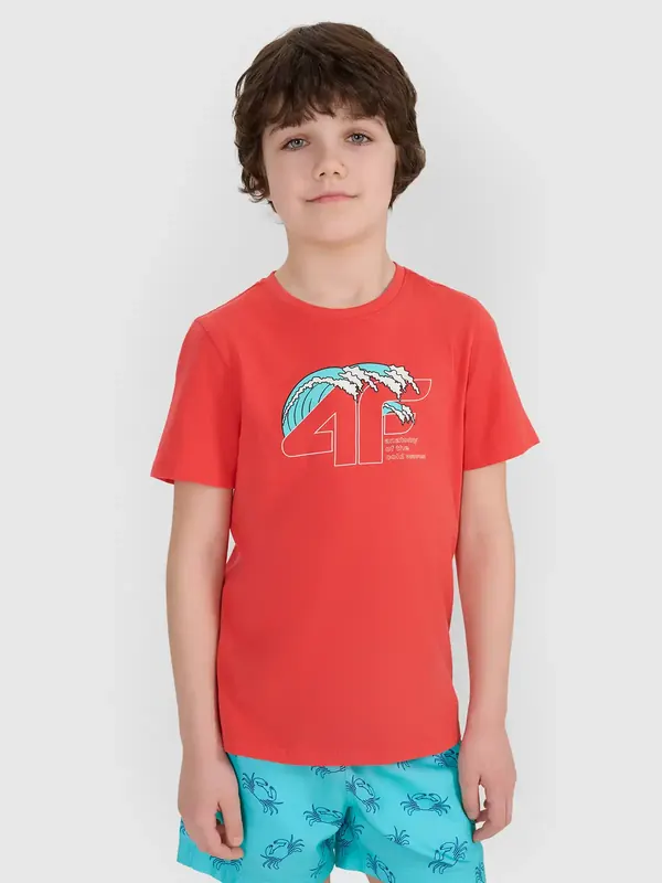 4F t-shirt bawełniana koszulka chłopięca 4FJWSS25TTSHM1917 Czerwona (134)