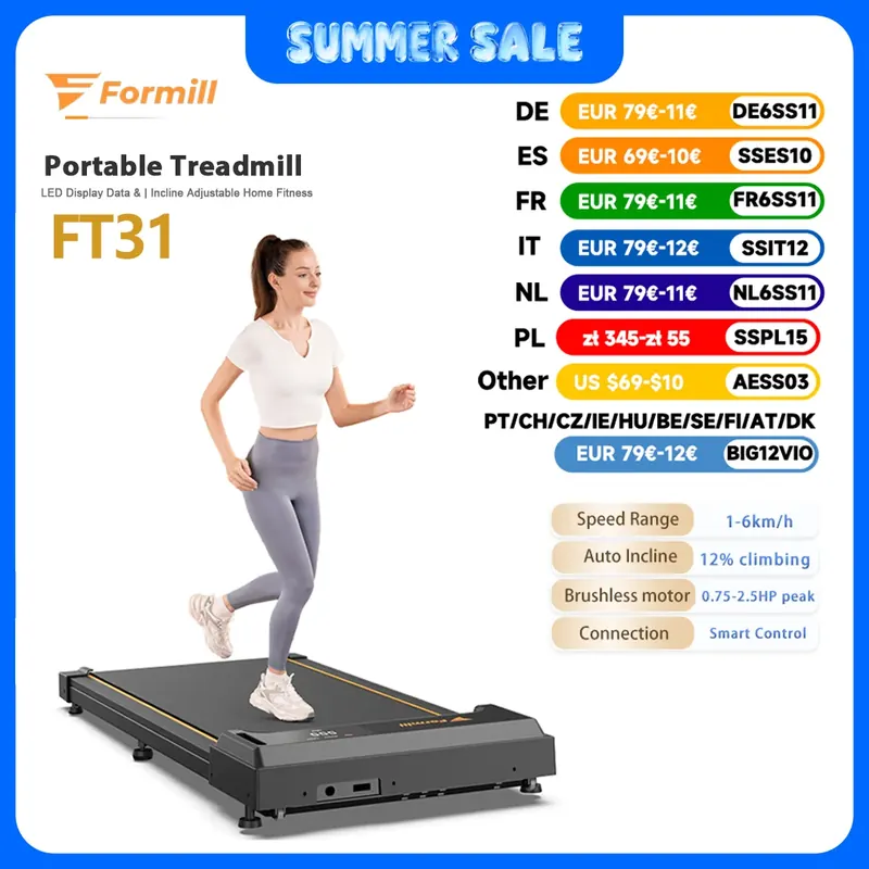 Formill FT31 Walking Pad Bieżnia Domowa 6km/h Silnik 2.5HP Regulacja Nachylenia 12% Inteligentne Sterowanie Cicha Praca z Dźwiękiem, Wyświetlacz LED i Pilot