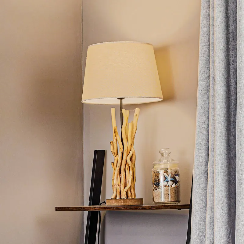 Lampa stołowa Agar z abażurem z tkaniny i elementami drewnianymi