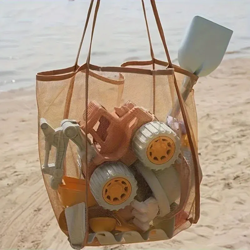 Bardzo duża składana torba z siatki z solidnymi uchwytami, trwała torba do przechowywania z poliestru na zabawki plażowe, muszelki, ubrania i ręczniki