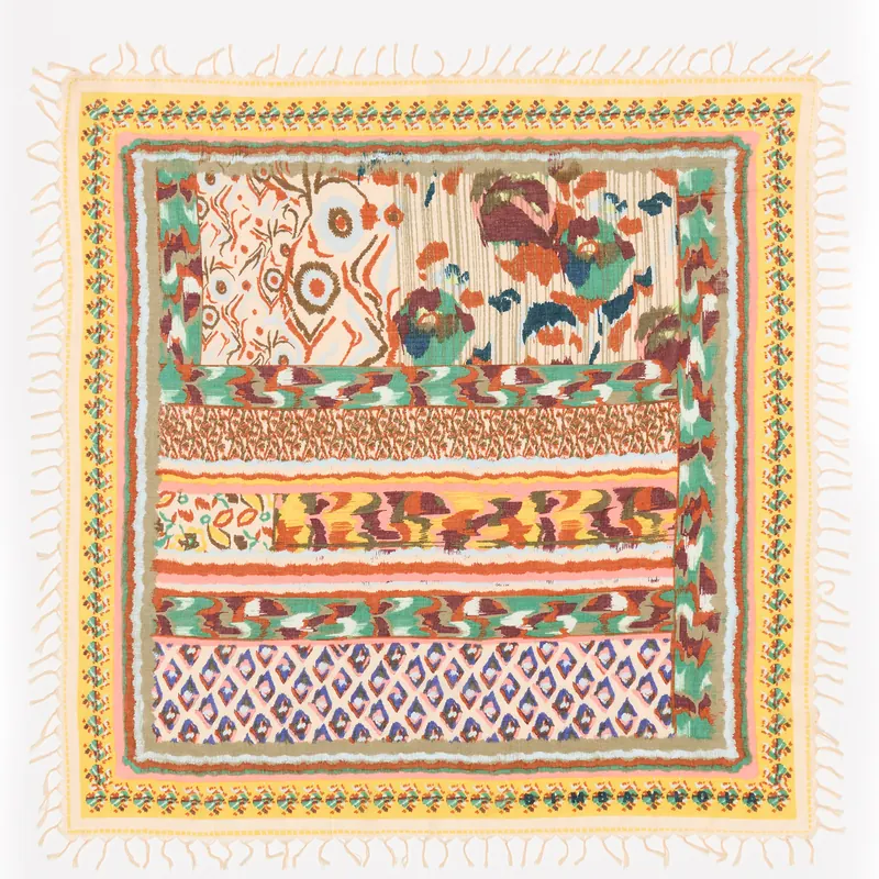 Szal patchwork kwiaty ikat żółty