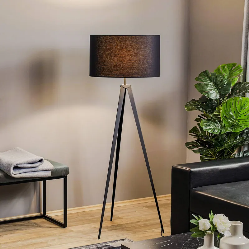 Lampa stojąca Tago, trójnóg, klosz czarny/złoty