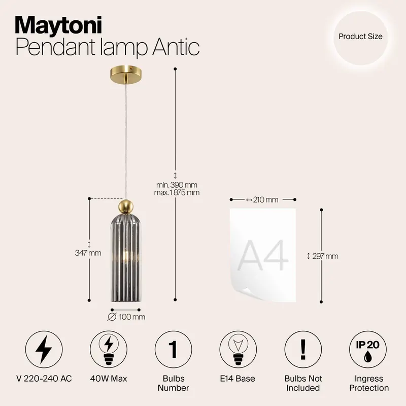 Maytoni Antic lampa wisząca, szklany klosz szary