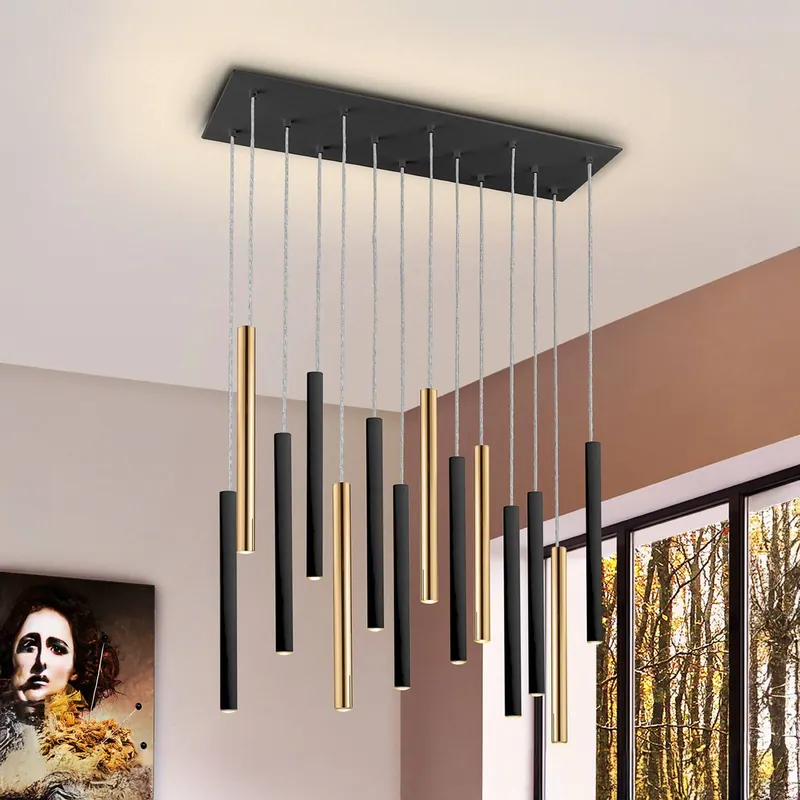 Lampa wisząca LED Varas ściemniana, 14 świateł, złota/czarna, metalowa