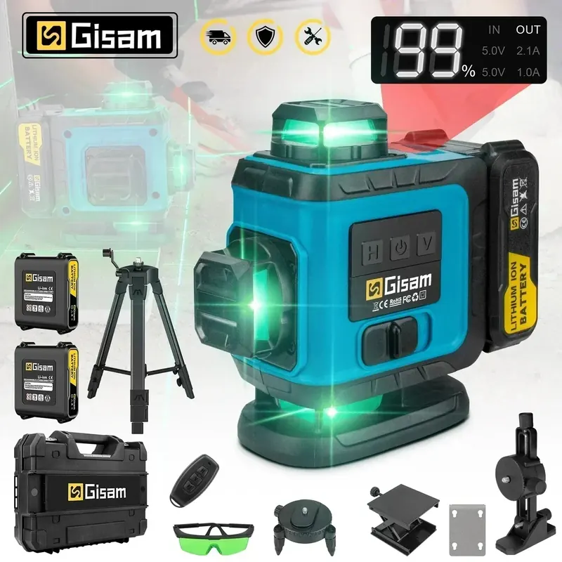 Gisam 4D 16 Linii Zielony Laserowy Poziomica z Aplikacją i Pilotem, Laser do Pomiarów Poziomych i Pionowych, Laserowy Instrument Pomiarowy, Poziomica Laserowa z Funkcją Pomiaru Pod Kątem
