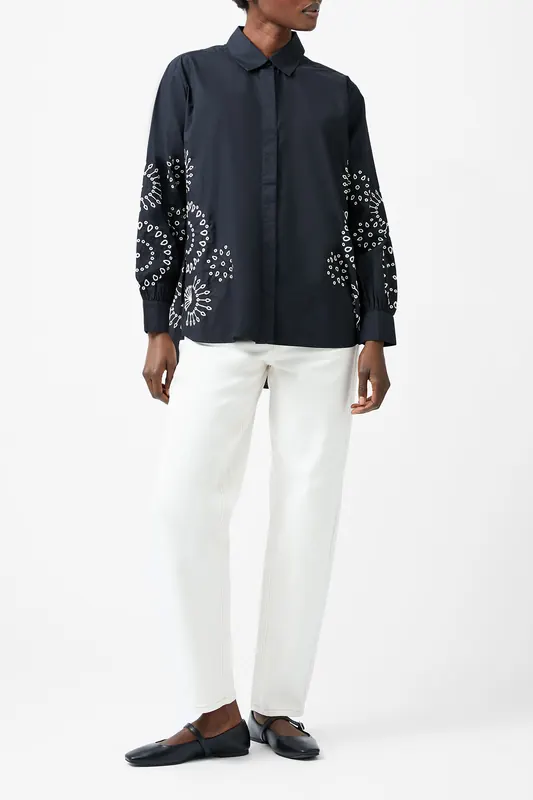 French Connection Cambria Cotton Embroidered Top Black/cream Maat: XS | Longsleeves Outlet | Dames | Zwart