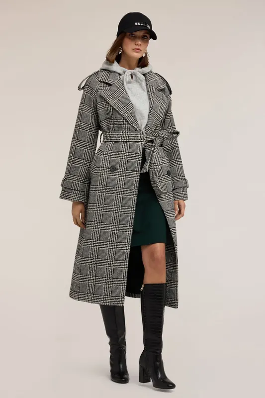 Motivi Mixed Wool Coat In Check Pattern Grey Maat: 36 | Trenchcoats Outlet | Dames | Grijs