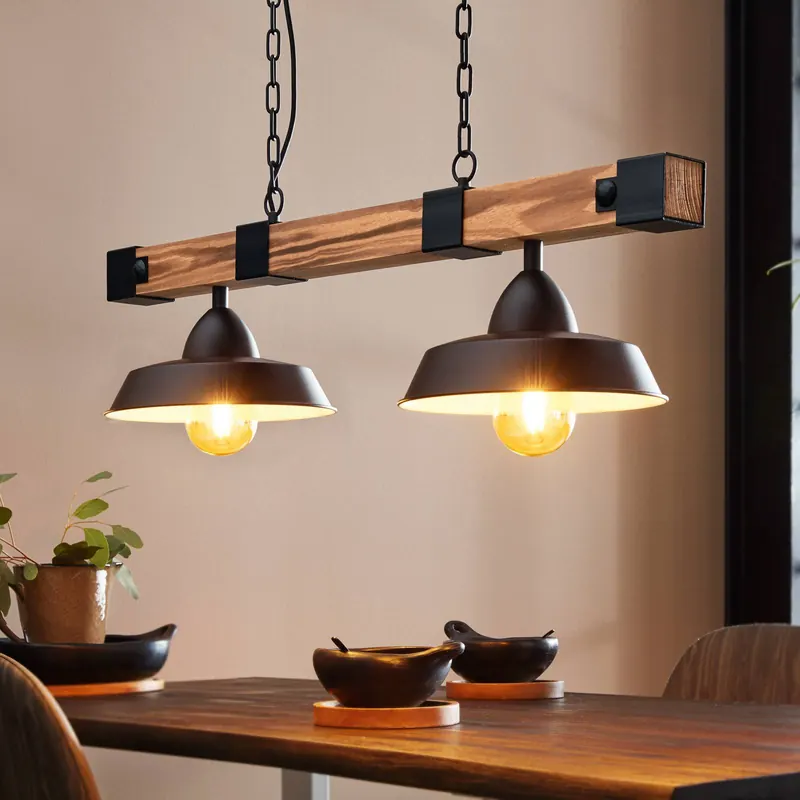 Lampa wisząca Oldbury, czarny/ciemne drewno, długość 86 cm, 2-punktowa.