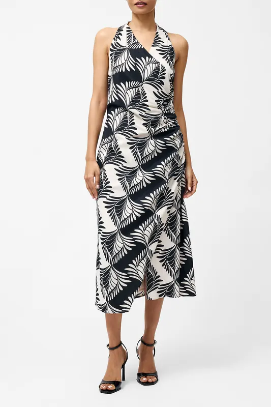 French Connection Ariette Lin Blend Crosso Midi Black/cream Maat: 10 | Midi Jurken Outlet | Dames | Zwart