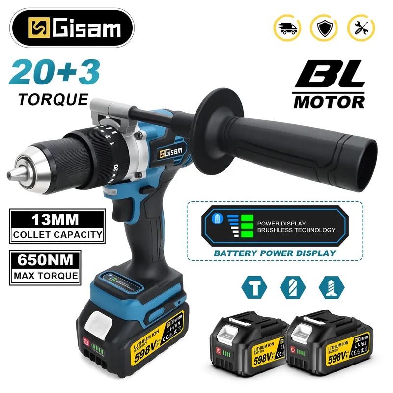 Gisam 650NM bezszczotkowa elektryczna wiertarka udarowa 13MM uchwyt wkrętak bezprzewodowy elektryczny śrubokręt do akumulatorów Makita 18V