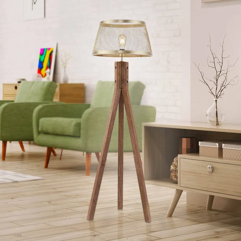 Drewniana lampa stojąca Frederik, trójnóg