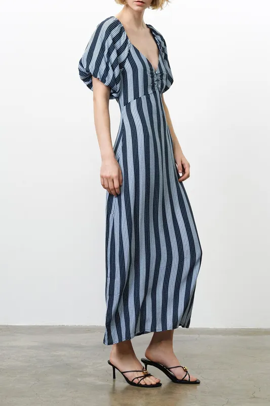 French Connection Fran Lizzie Puff Slv Midi Dres Blue Stripe Maat: 6 | Midi Jurken Outlet | Dames | Blauw