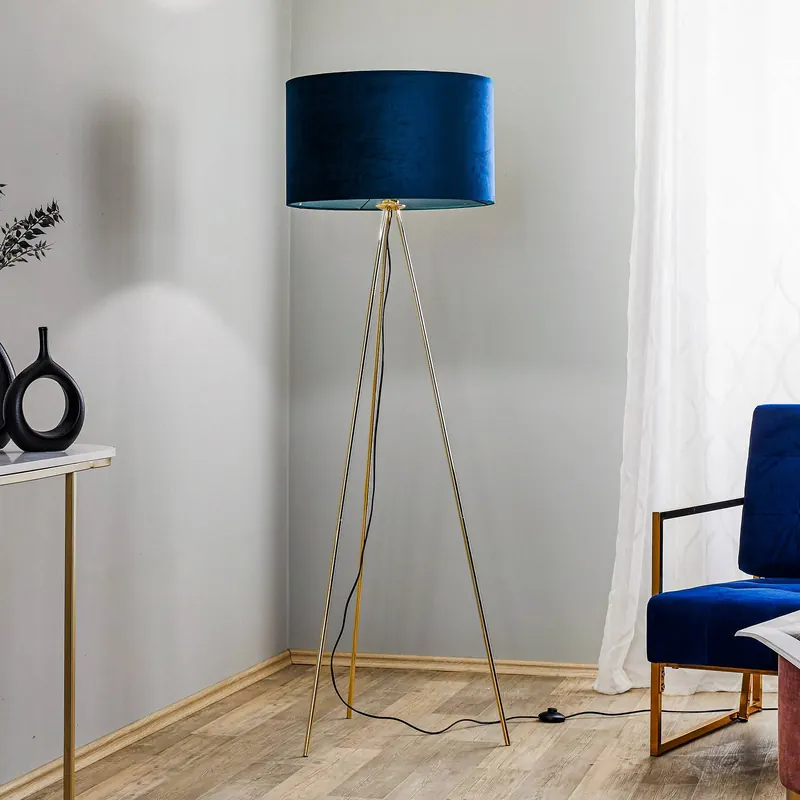 Lampa stojąca Monaco, trójnóg złoty, niebieski aksamit
