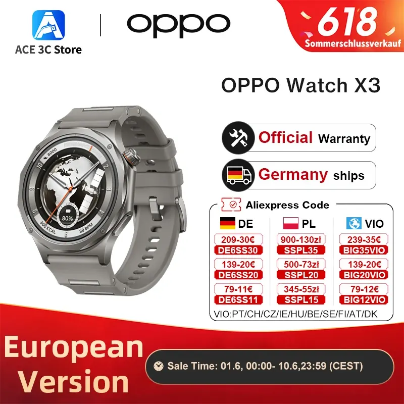 Wersja europejska smartwatcha OPPO Watch X3 z systemem Wear OS by Google, 16-dniowa żywotność baterii, pomiar saturacji krwi (SpO2), stopień ochrony IP69, Google Wallet
