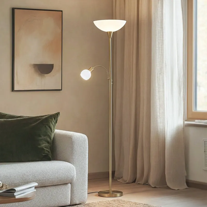 Lampa podłogowa Lindby Elaina, lampka do czytania, kolor mosiądz, 183cm E27